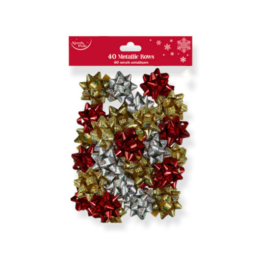 Picture of CHRISTMAS METALLIC BOWS 40PK - HOLOGRAPHIC RED, GOLD & SILVE